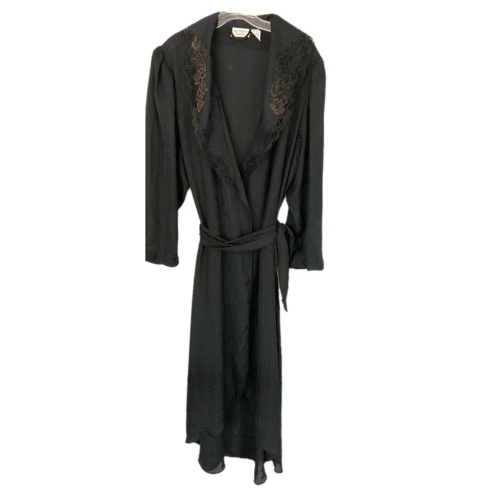 Vtg Victoria's Secret Robe Gold Label Women L Black Chiffon Lace Kimono Floral
